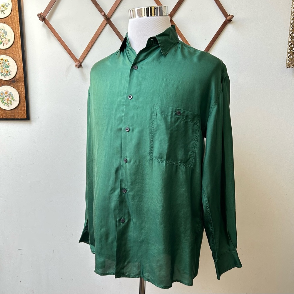 Vintage Bruno 100% Silk Green Button-Up Shirt - Picture 9 of 12